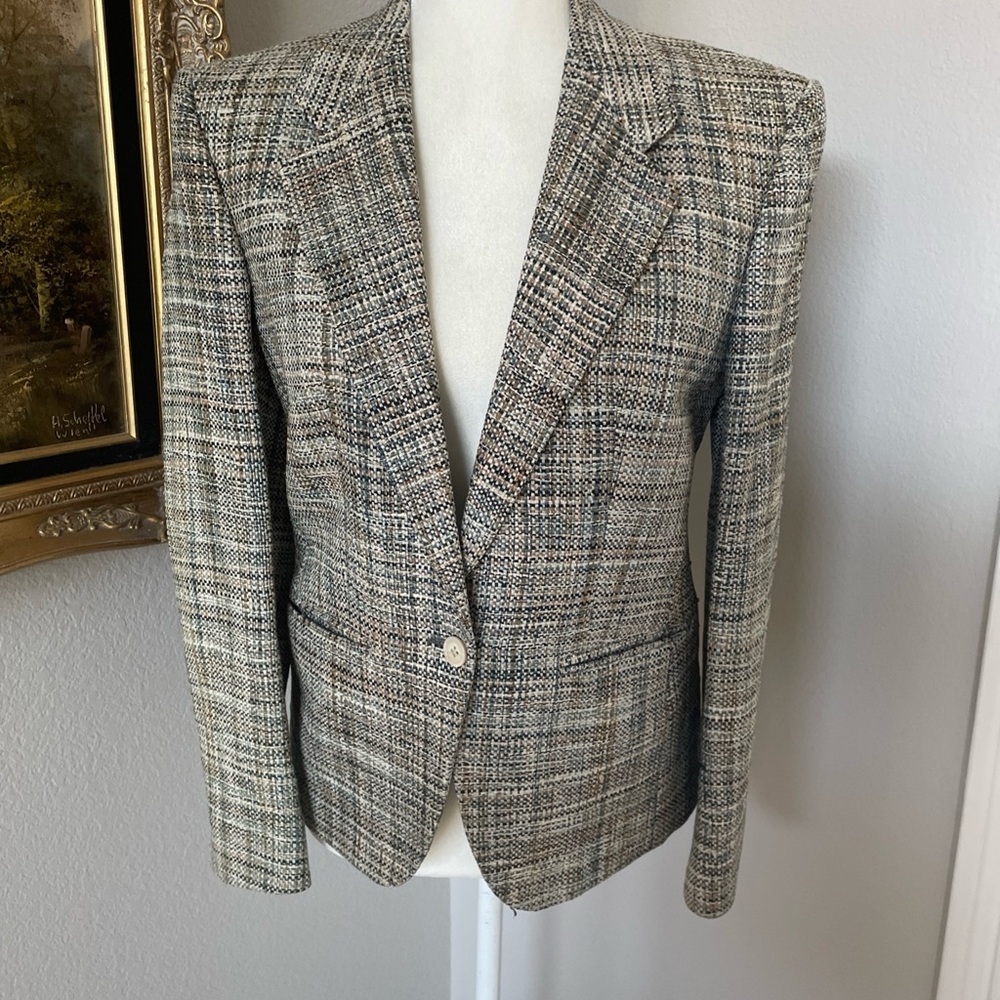 VTG Burberrys Women Blazer Jacket Sz 4/XS Gray Plaid Tweed Silk Old Money Luxury